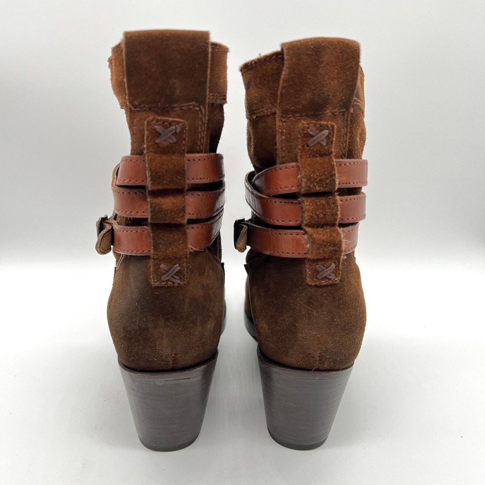 FRYE Jane Strappy Short Boot 10 Brown Suede Leather Block Heel Western Distress - Picture 3 of 13